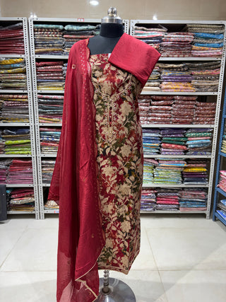 Red Modal Silk Party Wear Designer Suit fabric with muslin dupatta (with extra lining included) 000372
