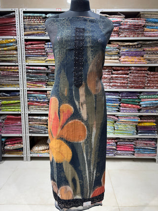 Black-Brown Muslin Party Wear Suit Fabric with Pure Chiffon brown dupatta and Brown Bottom (with extra lining included) 000320
