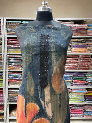 Black-Brown Muslin Party Wear Suit Fabric with Pure Chiffon brown dupatta and Brown Bottom (with extra lining included) 000320