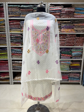 White Color Office Wear Suit Dress Material fabric with organza dupatta (with extra lining included) 000550