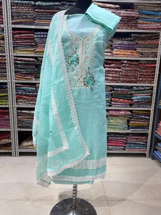 Firozi Blue Kota Doria Embroidery Lace Work Floral Party Wear Suit (with extra lining included) Hand block kota doria suit set PK0004