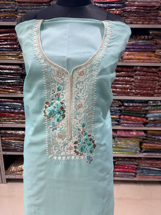Firozi Blue Kota Doria Embroidery Lace Work Floral Party Wear Suit (with extra lining included) PK0004