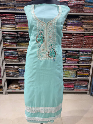 Firozi Blue Kota Doria Embroidery Lace Work Floral Party Wear Suit (with extra lining included) PK0004