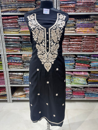 Black color Party Wear Suit with embroidery and organic organza dupatta 000411