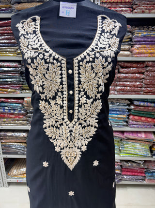 Black color Party Wear Suit with embroidery and organic organza dupatta 000411