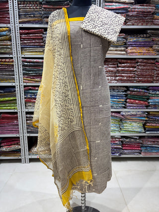 Cotton Handblock Office Wear Suit fabric with Kota doria Dupatta 2123