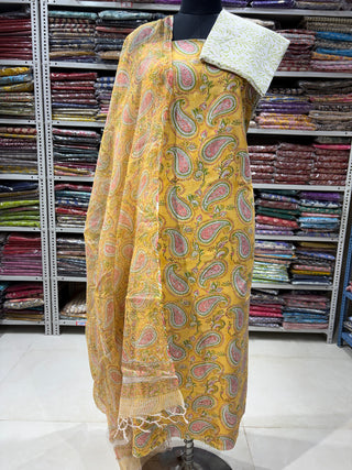 Premium Cotton Block Print Office Wear Suit fabric with Kota Doria Dupatta (44 inch width) and Heavy Bottom