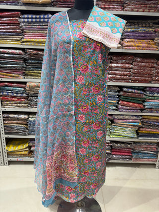 Premium Cotton Block Print Office Wear Suit fabric with Kota Doria Dupatta (44 inch width) and Heavy Bottom