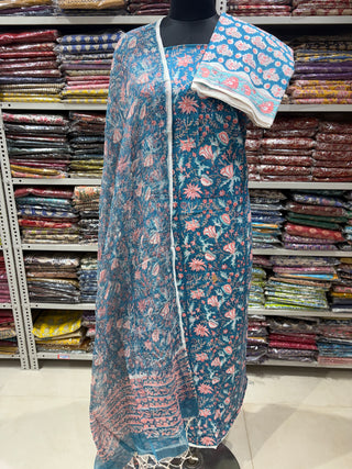 Premium Cotton Block Print Office Wear Suit fabric with Kota Doria Dupatta (44 inch width) and Heavy Bottom