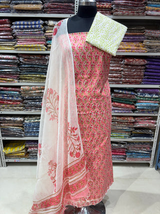 Premium Cotton Block Print Office Wear Suit fabric with Kota Doria Dupatta (44 inch width) and Heavy Bottom