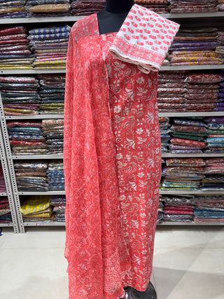 Premium Cotton Block Print Office Wear Suit fabric with Kota Doria Dupatta (44 inch width) and Heavy Bottom
