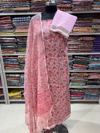 Premium Cotton Block Print Office Wear Suit fabric with Kota Doria Dupatta (44 inch width) and Heavy Bottom