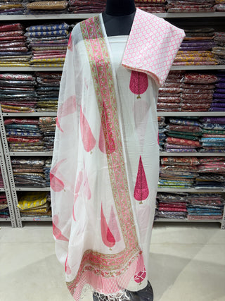 Premium Cotton Block Print Office Wear Suit fabric with Kota Doria Dupatta (44 inch width) and Heavy Bottom