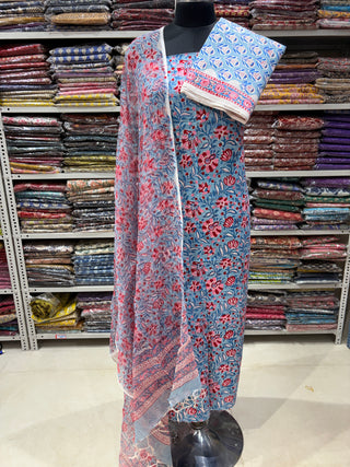 Premium Cotton Block Print Office Wear Suit fabric with Kota Doria Dupatta (44 inch width) and Heavy Bottom