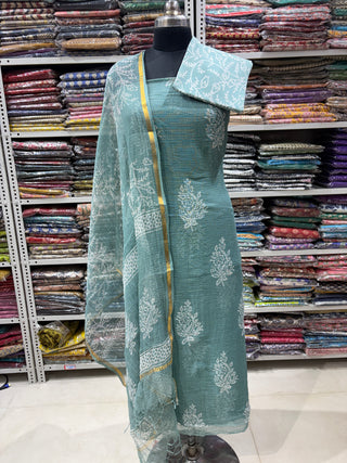 Sea green Hand block kota doria suit set for office wear (with extra lining included)