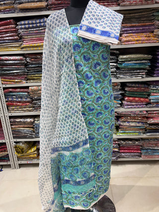 Premium Cotton Block Print Office Wear Suit fabric with Kota Doria Dupatta (44 inch width) and Heavy Bottom