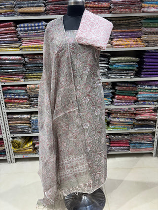 Premium Cotton Block Print Office Wear Suit fabric with Kota Doria Dupatta (44 inch width) and Heavy Bottom