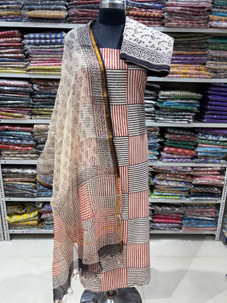 Cotton Handblock Office Wear Suit fabric with Kota doria Dupatta