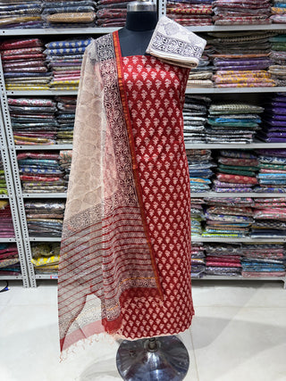 Cotton Handblock Office Wear Suit fabric with Kota doria Dupatta