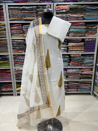 Premium Cotton Block Print Office Wear Suit fabric with Kota Doria Dupatta (44 inch width) and Heavy Bottom