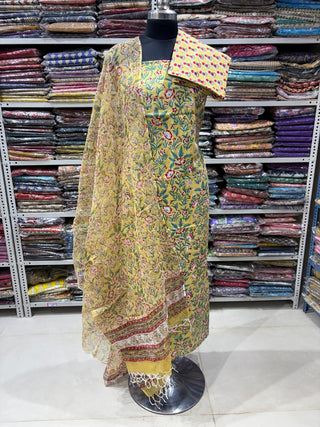 Premium Cotton Block Print Office Wear Suit fabric with Kota Doria Dupatta (44 inch width) and Heavy Bottom