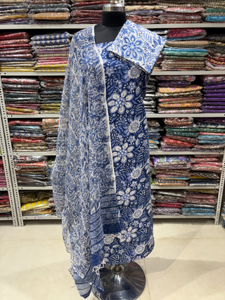 Premium Cotton Block Print Office Wear Suit fabric with Kota Doria Dupatta (44 inch width) and Heavy Bottom