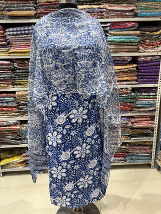 Premium Cotton Block Print Office Wear Suit fabric with Kota Doria Dupatta (44 inch width) and Heavy Bottom