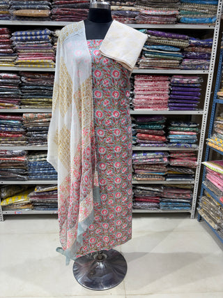 Premium Cotton Handblock Suit fabric with Chiffon Dupatta