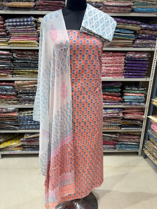 Premium Cotton Handblock Suit fabric with Chiffon Dupatta