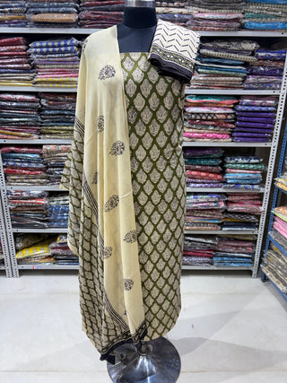 Premium Cotton Handblock Suit fabric with Chiffon Dupatta