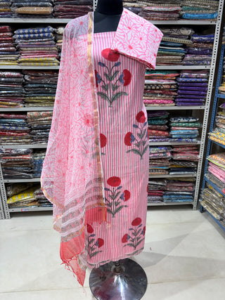 Cotton Handblock Office Wear Suit fabric with Kota Doria Dupatta