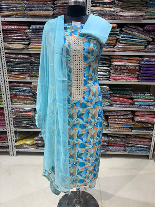 Light Blue Rayon Office Wear Suit Dress Material with Chiffon Dupatta
