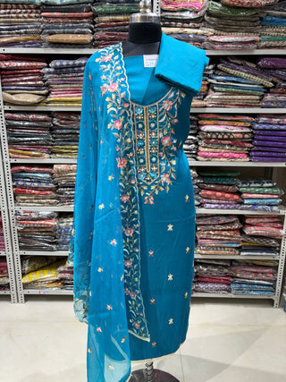 Blue Firozi Modal Cotton suit with floral embroidery and organza dupatta