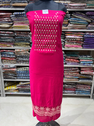 Rani Color Party Wear Suit with Neck embroidery and organic organza dupatta with lace work