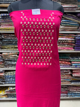 Rani Color Party Wear Suit with Neck embroidery and organic organza dupatta with lace work