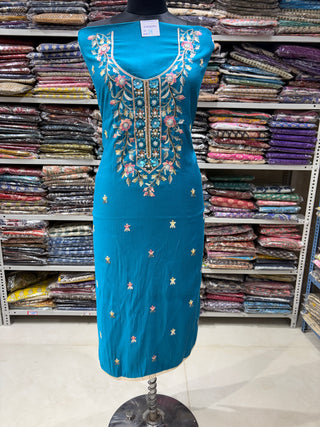 Blue Firozi Modal Cotton suit with floral embroidery and organza dupatta
