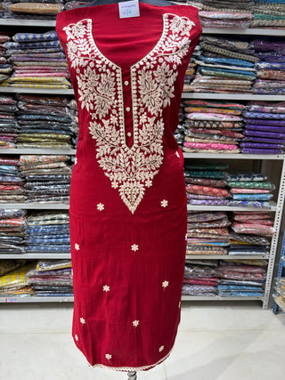 Rani color Party Wear Suit with embroidery and organic organza dupatta