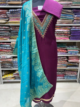 Wine color Party Wear Designer Suit fabric with embroidery and banarasi dupatta