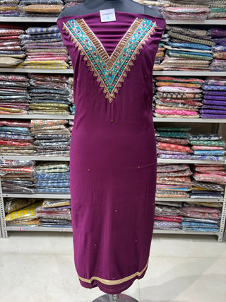 Wine color Party Wear Designer Suit fabric with embroidery and banarasi dupatta
