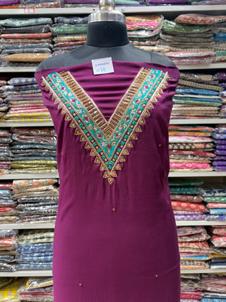 Wine color Party Wear Designer Suit fabric with embroidery and banarasi dupatta