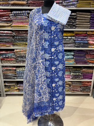Premium Cotton Block Print Office Wear Suit fabric with Kota Doria Dupatta (44 inch width) and Heavy Bottom