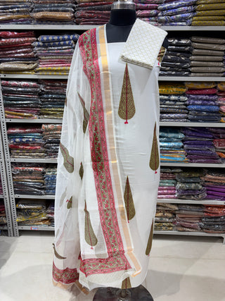 Premium Cotton Block Print Office Wear Suit fabric with Kota Doria Dupatta (44 inch width) and Heavy Bottom