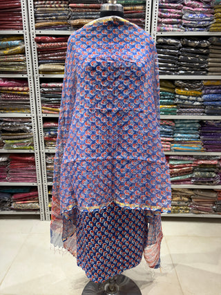 Cotton Handblock Office Wear Suit fabric with Kota Doria Dupatta (Suit Fabric #2326)