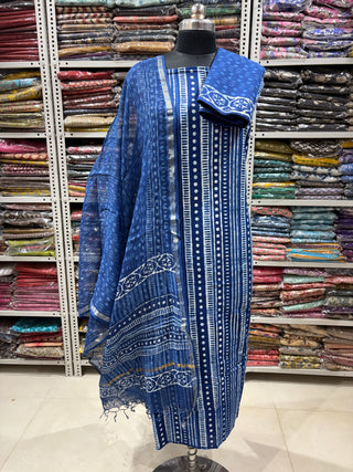 Cotton Dabu Indigo Handblock Office Wear Suit fabric with Kota doria Dupatta