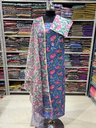 Cotton Handblock Office Wear Suit fabric with Kota Doria Dupatta