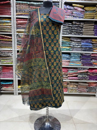 Ajrakh Cotton Handblock Office Wear Suit fabric with Kota Doria Dupatta