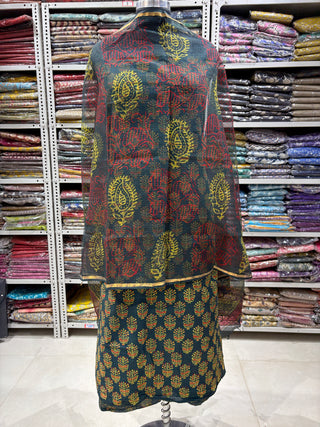 Ajrakh Cotton Handblock Office Wear Suit fabric with Kota Doria Dupatta