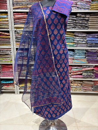Ajrakh Cotton Handblock Office Wear Suit fabric with Kota Doria Dupatta
