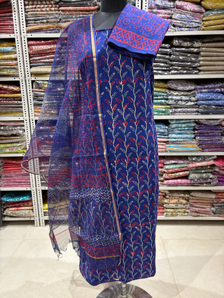 Ajrakh Cotton Handblock Office Wear Suit fabric with Kota Doria Dupatta