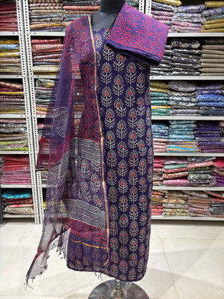 Ajrakh Cotton Handblock Office Wear Suit fabric with Kota Doria Dupatta